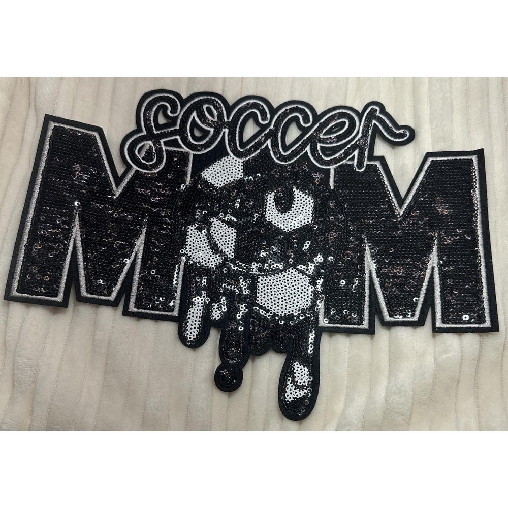 10" X8" Large Soccer Mom Sew-On Sparkling White & Black Sequins Decal /Patch NEW - Picture 2 of 4